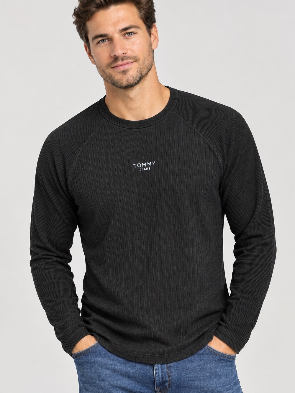 Vintage Y2K Ribbed Tommy Jeans Hilfiger Mens Black Crew Neck Sz Xl